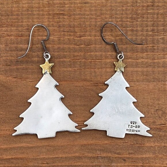 Earrings Sterling Silver & Brass Christmas Tree Star Top Dangle Vintage 14g - Picture 6 of 8